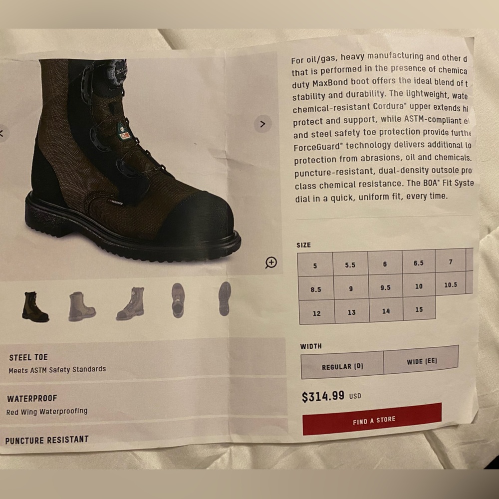 Red Wing brown steel-toe boots.